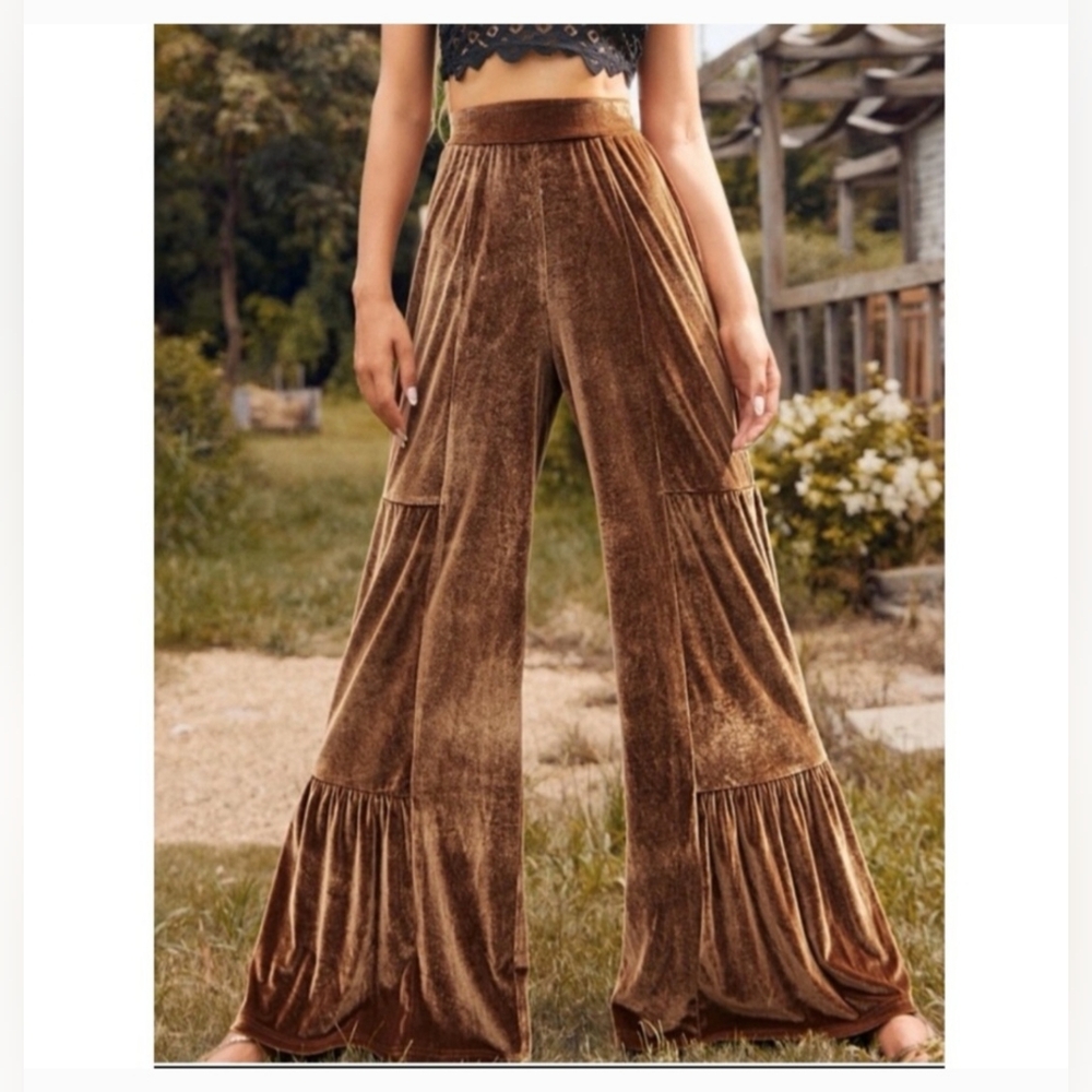 LUUKSE Velvet Wide Leg Velvet Palazzo Pants Cognac Brown Medium Bohemian Boho